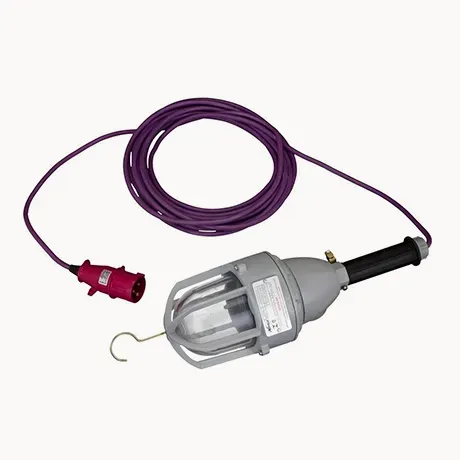 Luminária Ex portátil de mão com grade de proteção, gancho, cabo e plugue industrial