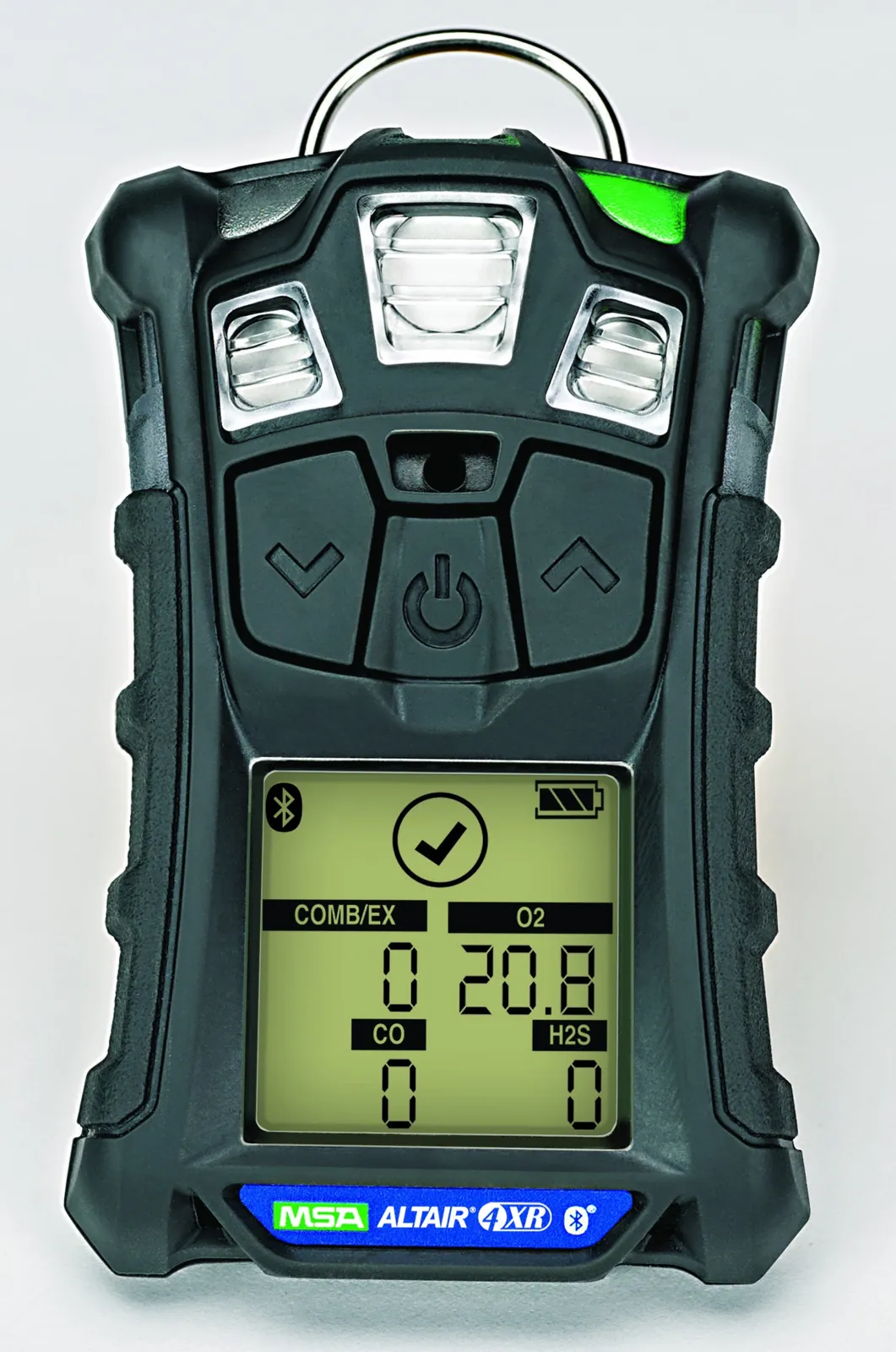 Detector de 4 gases MSA ALTAIR 4XR mostrando leituras de COMB/EX, O2, CO e H2S na tela